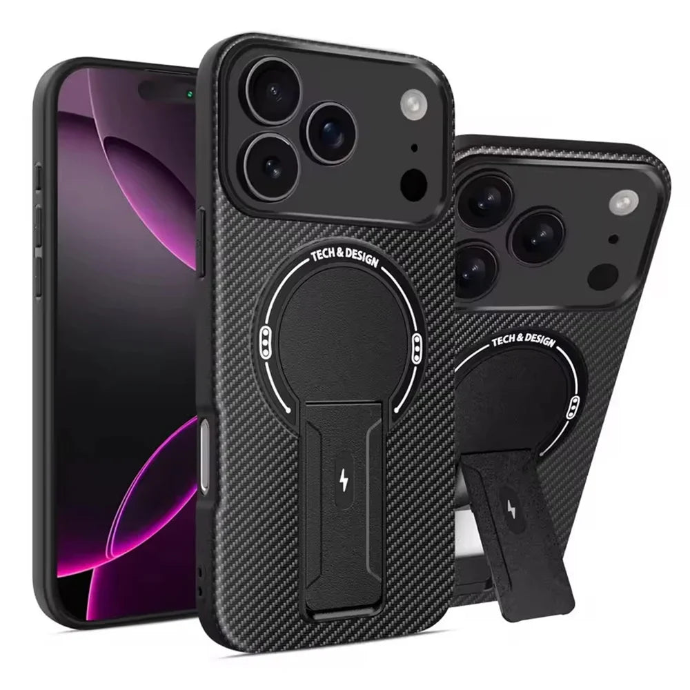 Military-Grade Luxury Carbon Fiber Pattern MagSafe Case with Foldable Stand for iPhone 17 Series