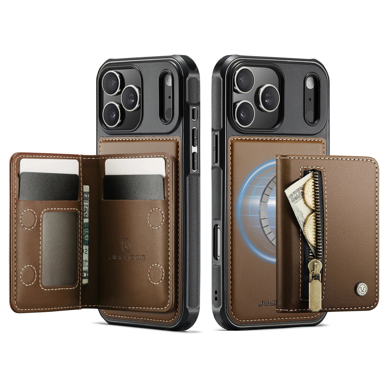 2-in-1 Detachable PU Leather MagSafe Case with Zippered RFID Card Slot for iPhone 17 Series