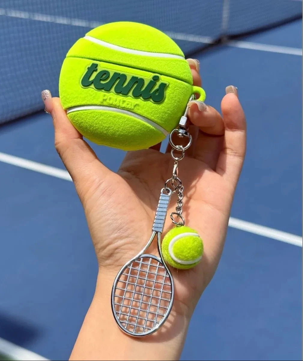 Tennis Ball-Shaped Flocking Case with Racket Pendant for AirPods 3