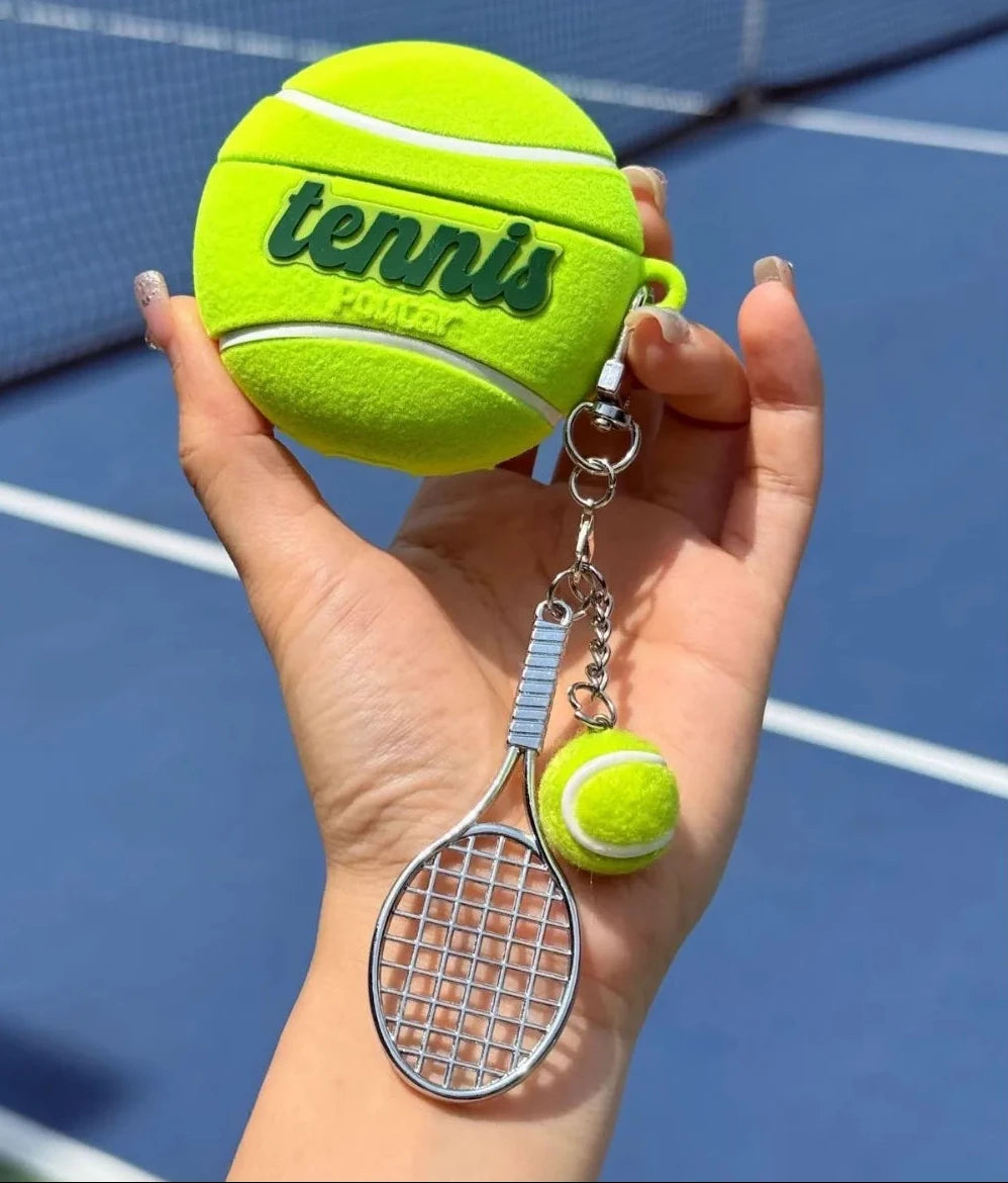 Tennis Ball-Shaped Flocking Case with Racket Pendant Charm for AirPods Pro 3