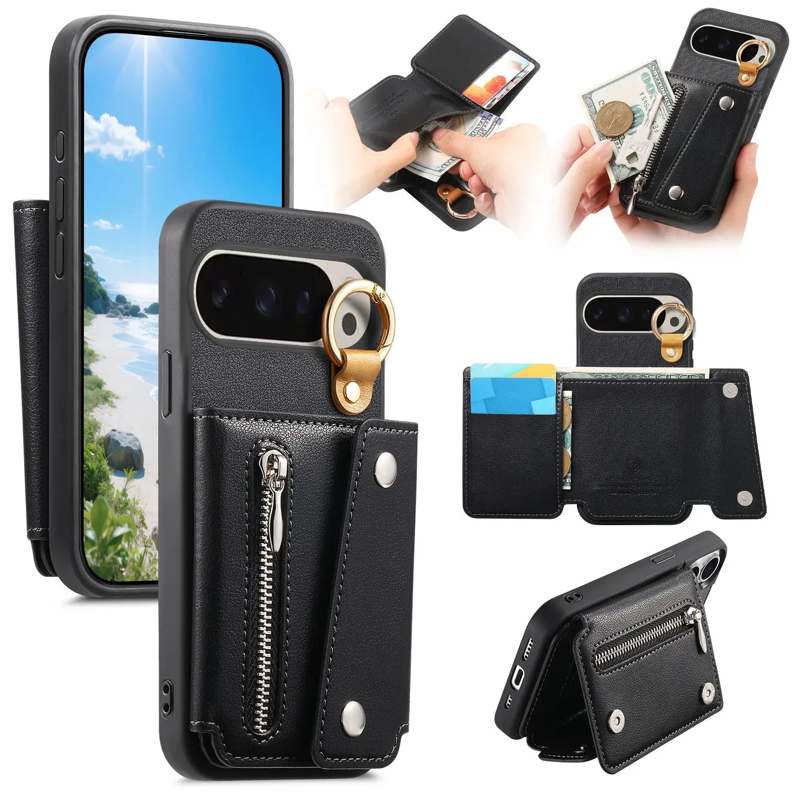 Zipper Wallet Leather Flip Case with Ring Holder for Google Pixel 9 Series