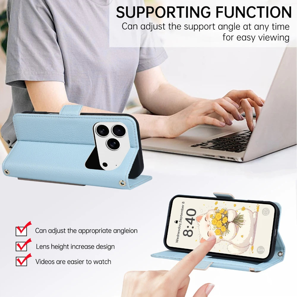 Leather Folio Wallet Case with Strap and Mirror for iPhone 17 Series