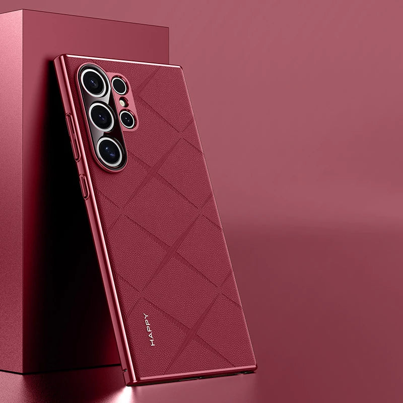 Plaid Grid Leather PU Case with Plating Lens for Samsung Galaxy S24 Series