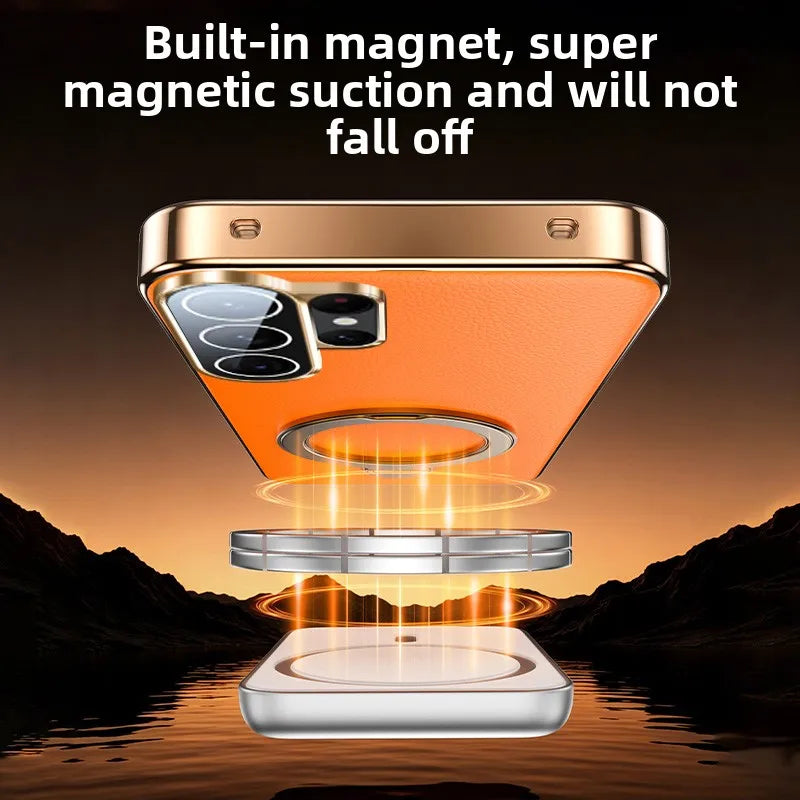 Shockproof Textured Leather Case with 360° Rotating Magnetic Ring Stand for Samsung Galaxy S25 Series