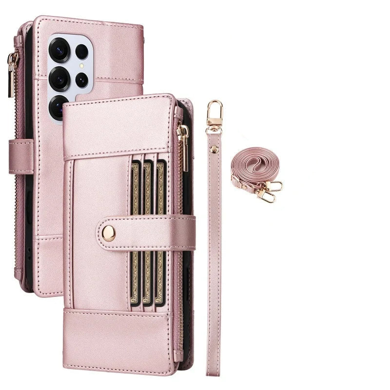 Samsung Galaxy S25 Series Leather Phone Case with Crossbody Strap and Zipper Wallet