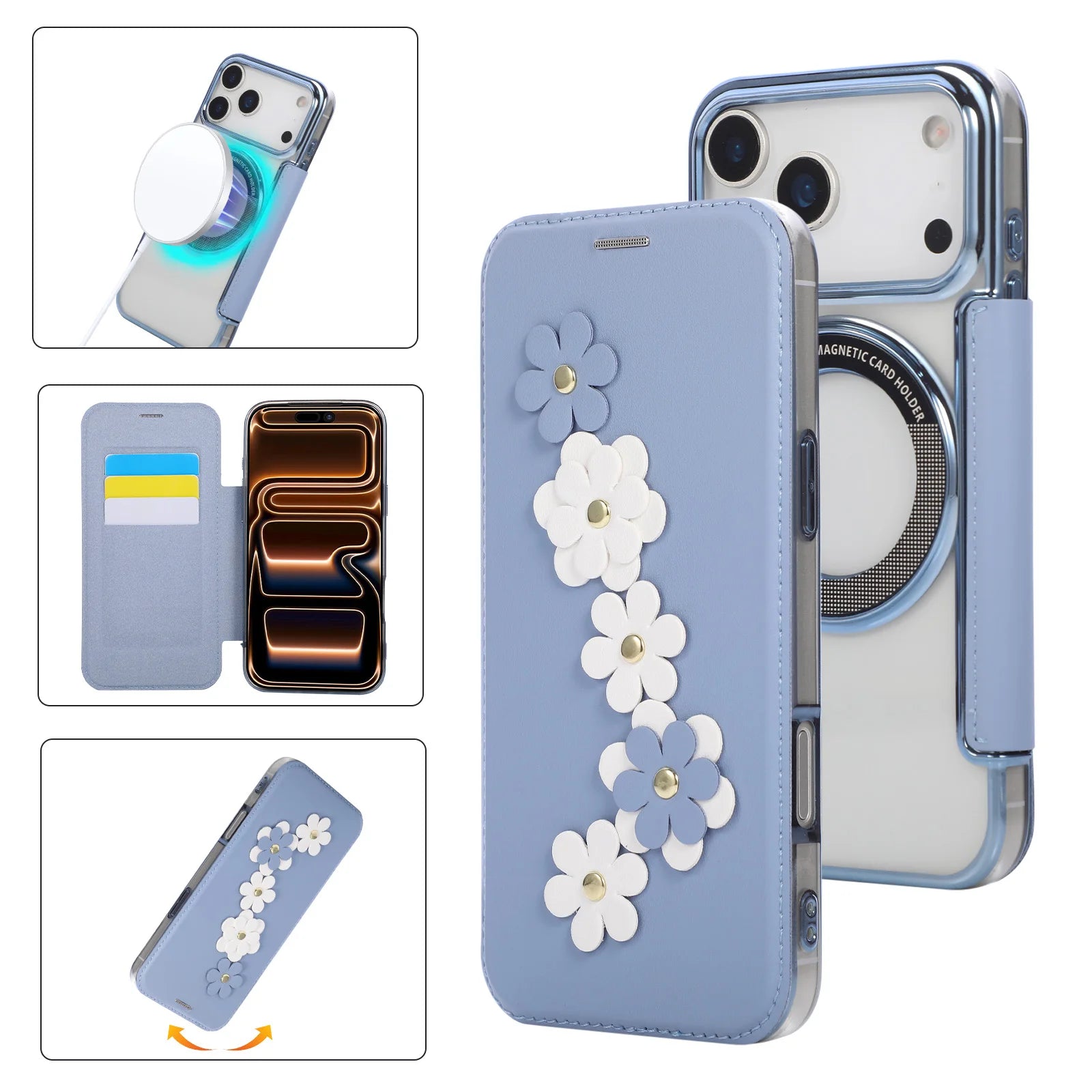 Elegant 3D Flower MagSafe Leather Flip Wallet Case for iPhone 17 Series