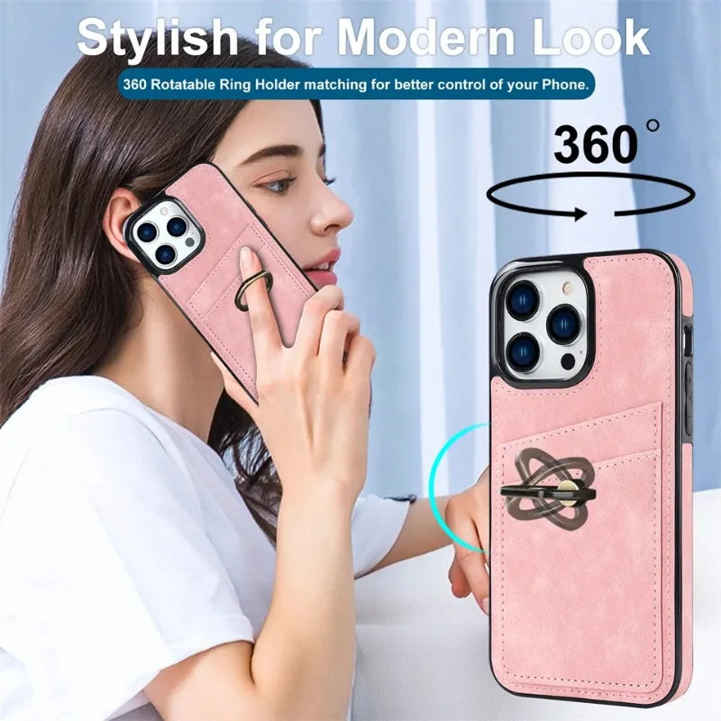 Shockproof Retro PU Leather Case with Ring & Card Slots for iPhone 16 Series