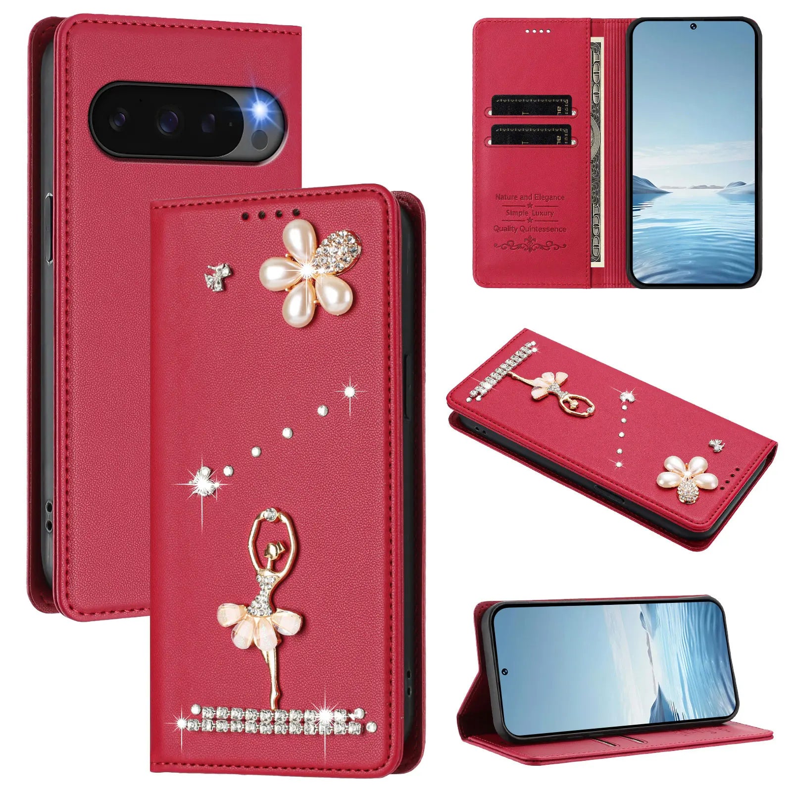 Cute Diamond Wallet Flip Case with Card Slot and Stand for Google Pixel 9 Series