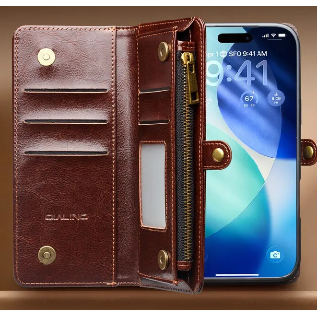 Genuine Leather Detachable Wallet Case with Wrist Strap for iPhone 17 Pro Max