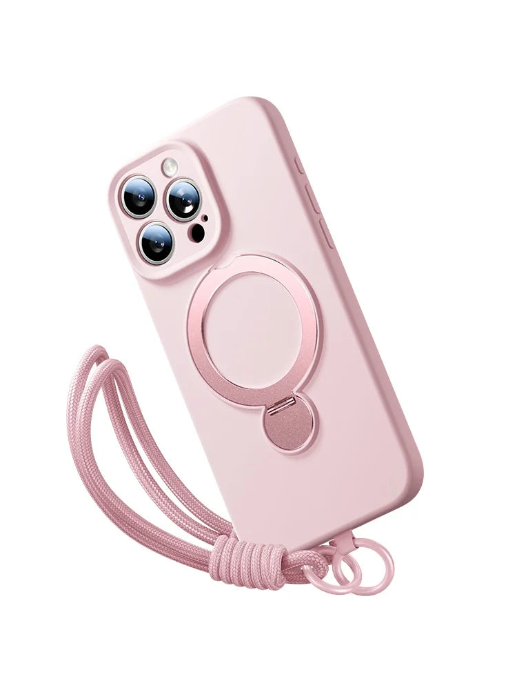 iPhone 16 Series Silicone MagSafe Case with Rotating Ring Holder Stand
