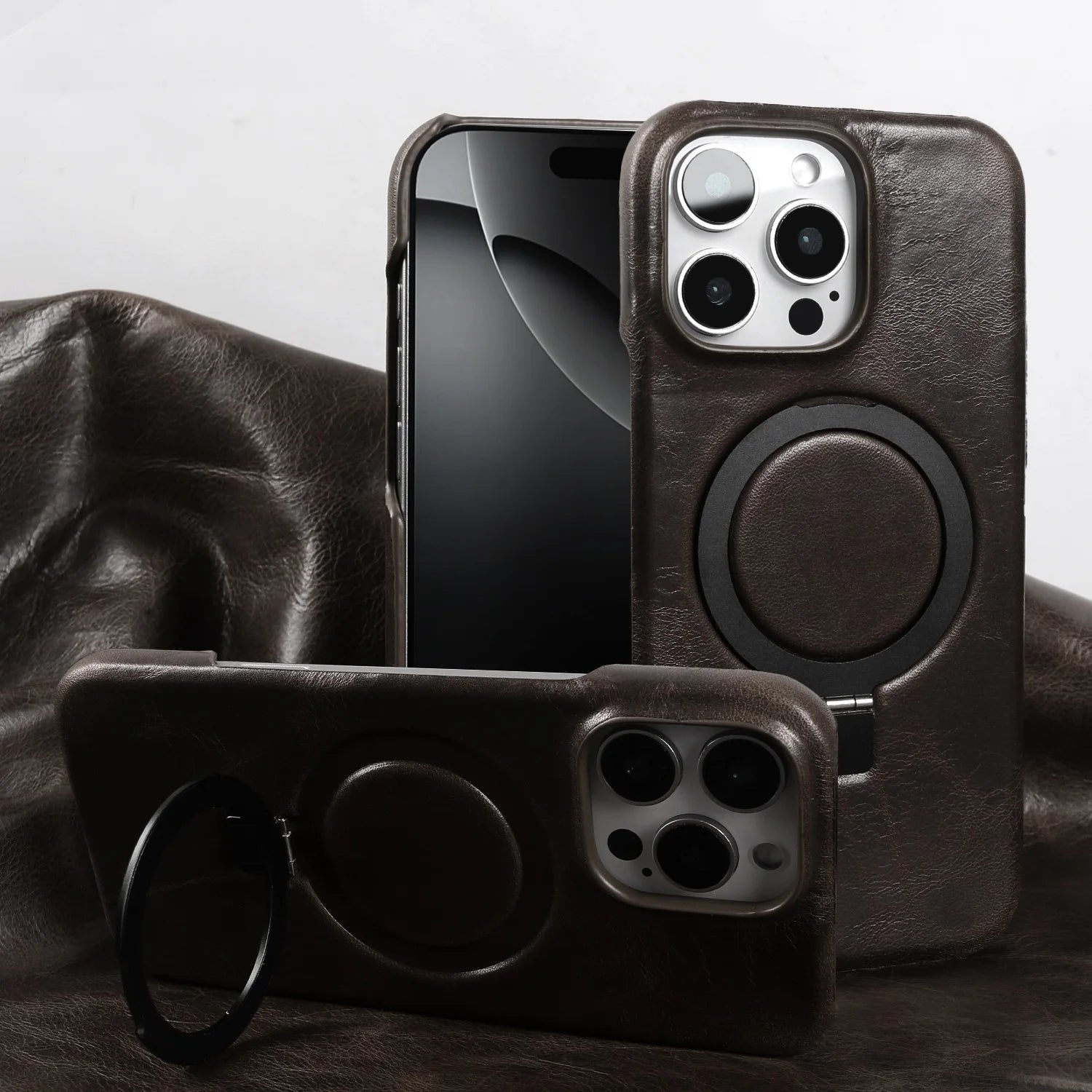 Premium Genuine Leather Case with Foldable Stand for iPhone 16 Series