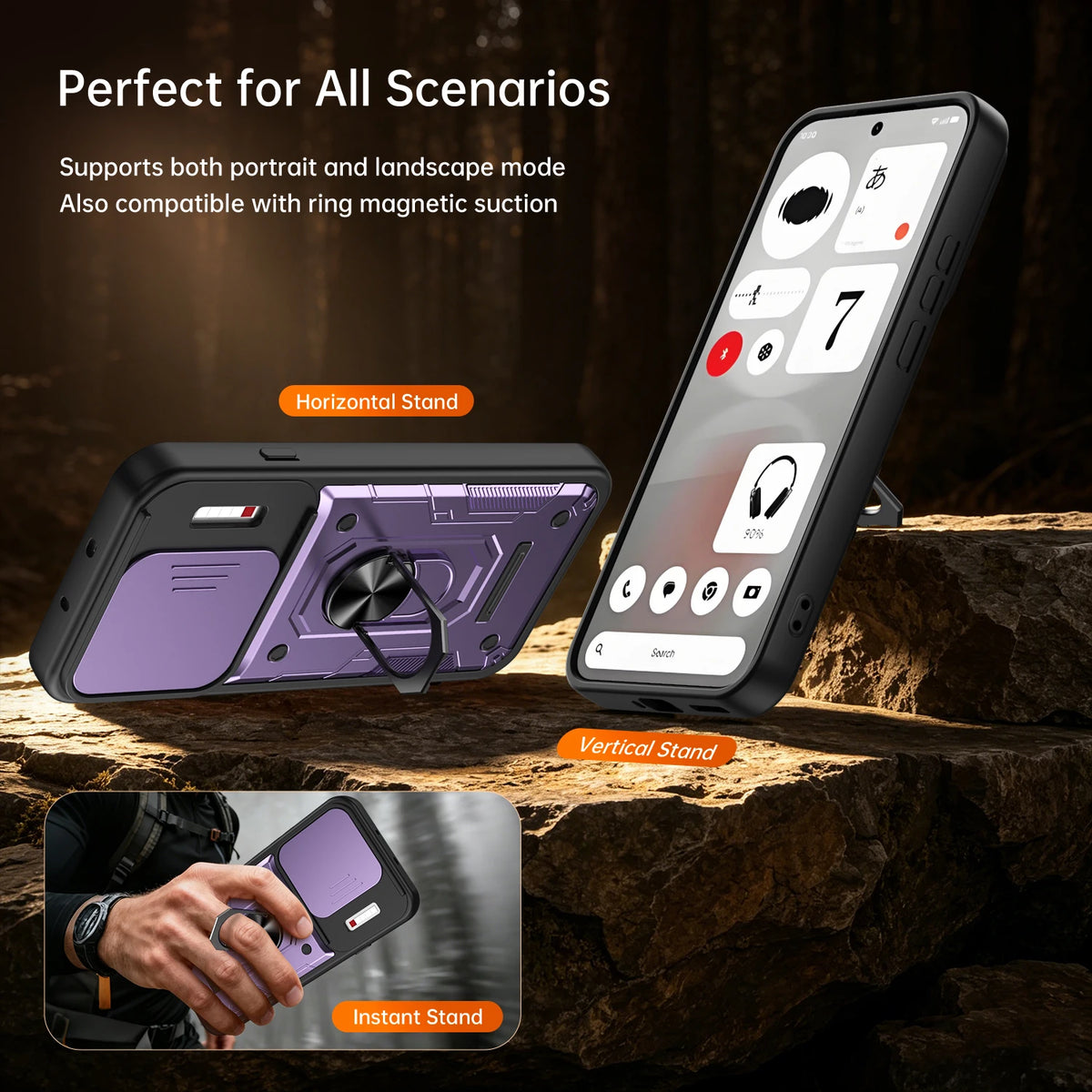 Sliding Camera Lens Protection Case with Rotating Ring Stand for Nothing Phone (4b)