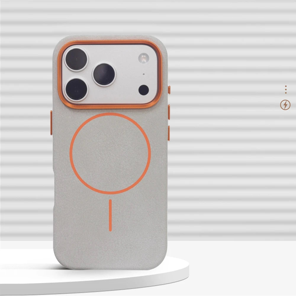 Luxury Elephant Grain PU Leather MagSafe Case with Alloy Lens Frame for iPhone 17 Series
