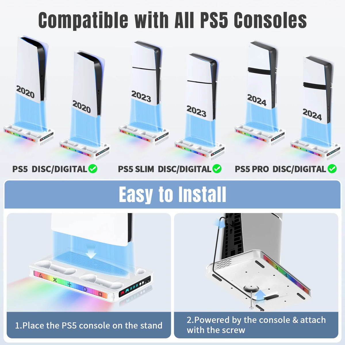 PS5 Cooling Station with Dual Controller Charger and RGB Lighting
