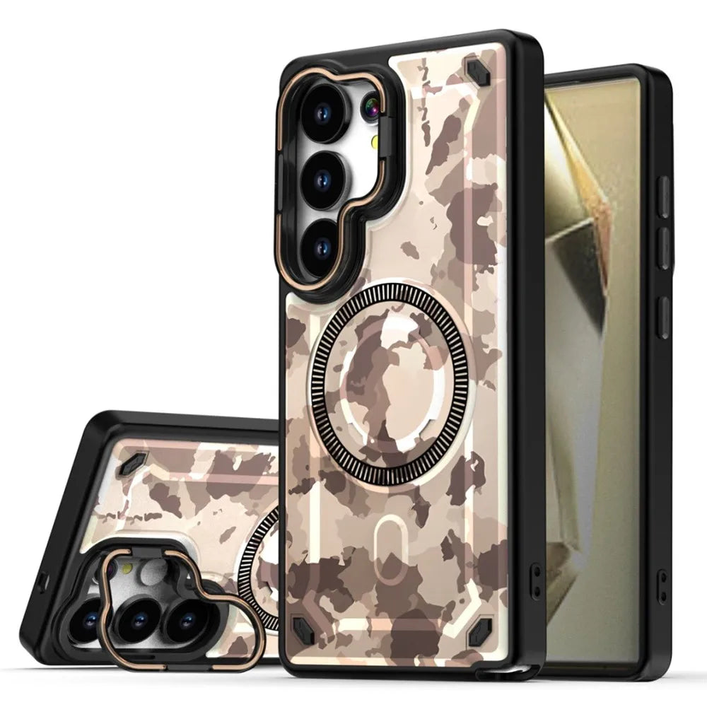 Protective Military Camouflage Magnetic Case with Lens Stand for Samsung Galaxy S24 Series