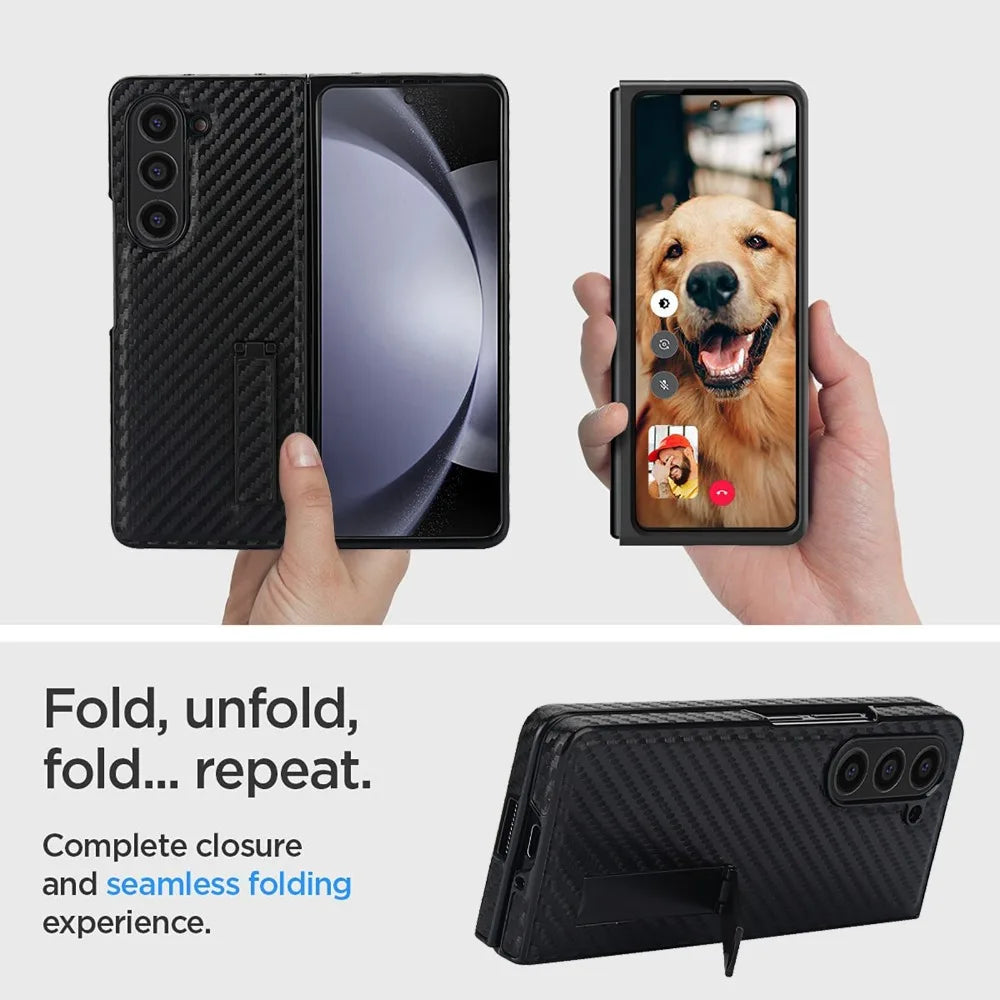 Carbon Fiber Pattern Leather Case with Kickstand Holder for Samsung Galaxy Z Fold 5
