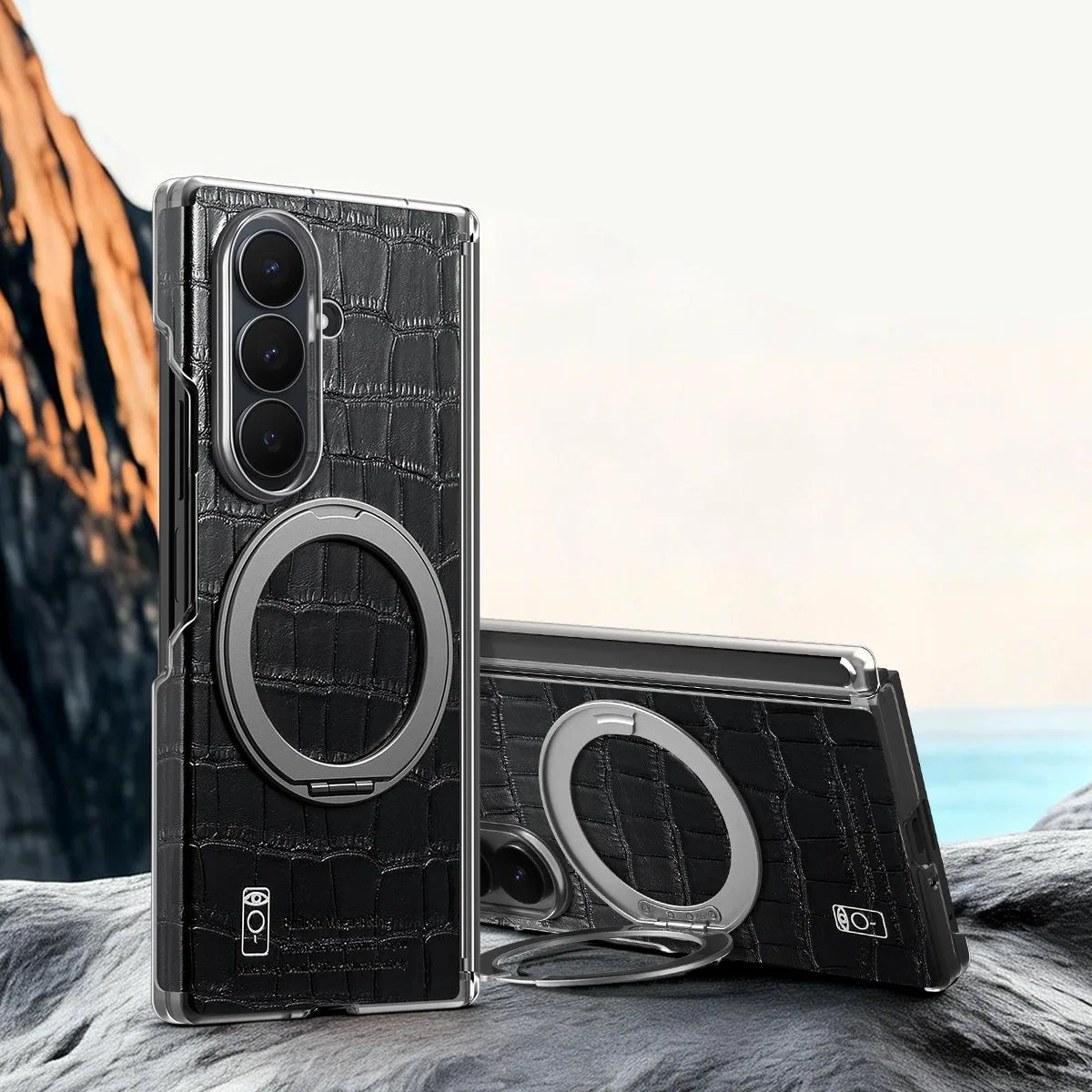 Crocodile-Embossed Leather Kickstand Case with 360° Rotating Ring for Samsung Galaxy Z Fold 6