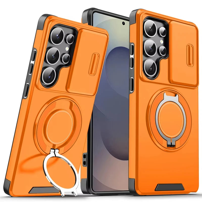Slide Camera Cover Armor Magnetic Case with Kickstand for Samsung Galaxy S24 Series