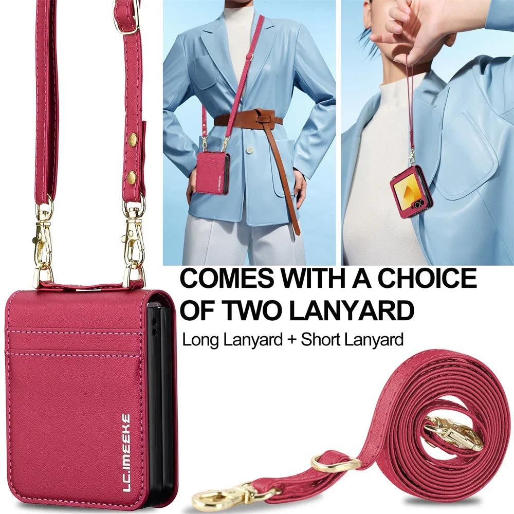 Samsung Galaxy Z Flip 6 Leather Case with Wrist Strap and Card Holder