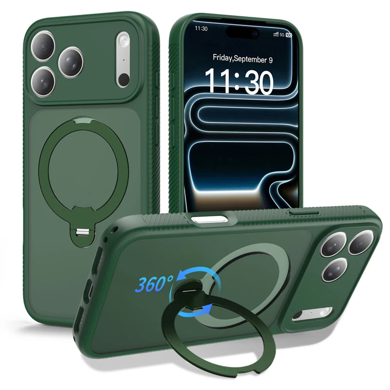 MagSafe Compatible Frosted Case with Rotatable Metal Ring Stand for iPhone 17 Series
