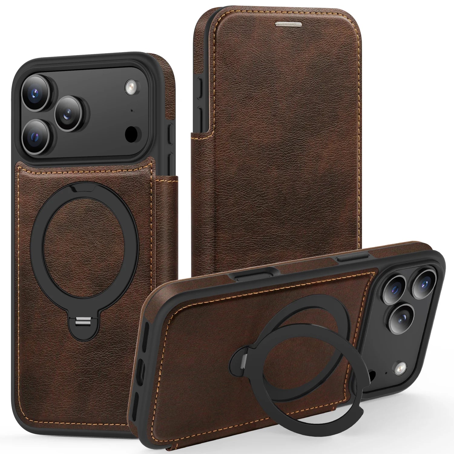 Stylish Leather Flip MagSafe Case with 360° Rotating Kickstand for iPhone 17 Series