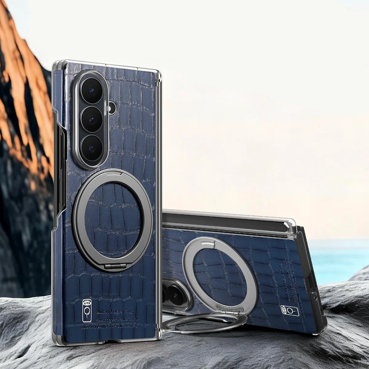 Crocodile-Embossed Leather Kickstand Case with 360° Rotating Ring for Samsung Galaxy Z Fold 6