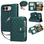 Quilted Diamond Leather Crossbody Wallet Case with Long Adjustable Lanyard Strap for iPhone Duo
