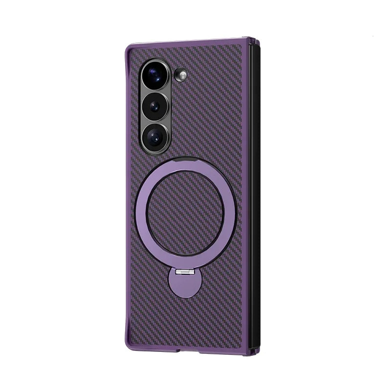 Carbon Fiber Leather Case with Rotating Ring Bracket for Samsung Galaxy Z Fold 6