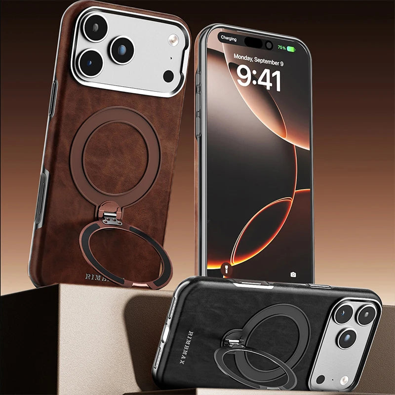 Shockproof Leather MagSafe Case with 360° Rotating Kickstand Ring for iPhone 18 Series