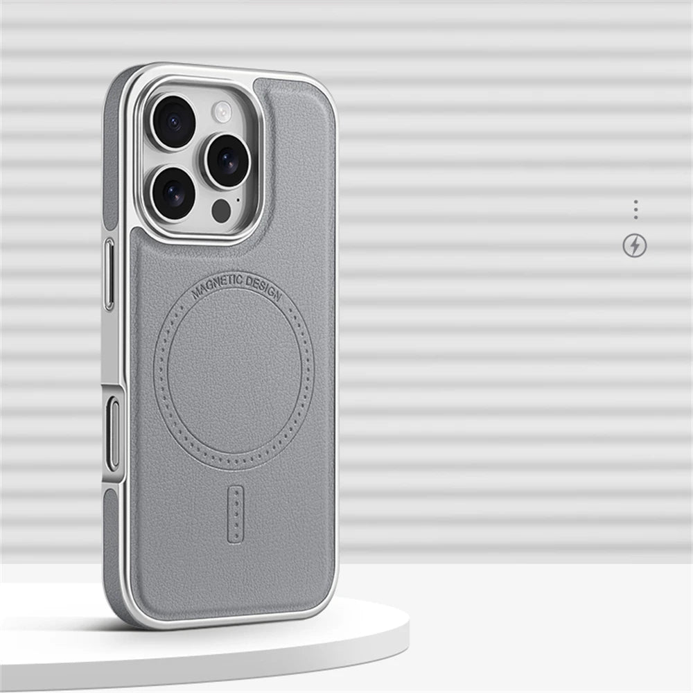iPhone 16 Series Business PU Leather MagSafe Case with Plating Frame