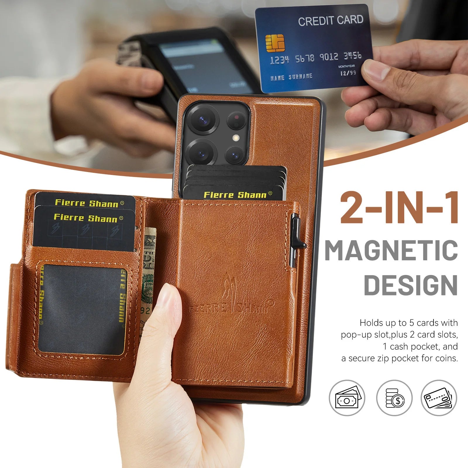 Textured Leather Detachable Zipper Card Wallet Case with Built-In Kickstand for Samsung Galaxy S25 Series