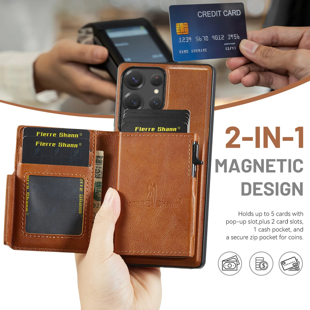 Grain Leather Detachable Magnetic Card Holder Case with Kickstand for Samsung Galaxy S23 Series