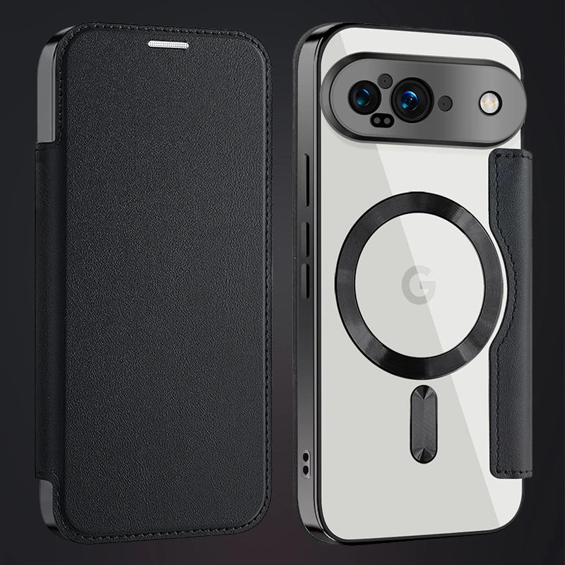 Google Pixel 9 Transparent Magnetic Flip Case with Leather Card Packet