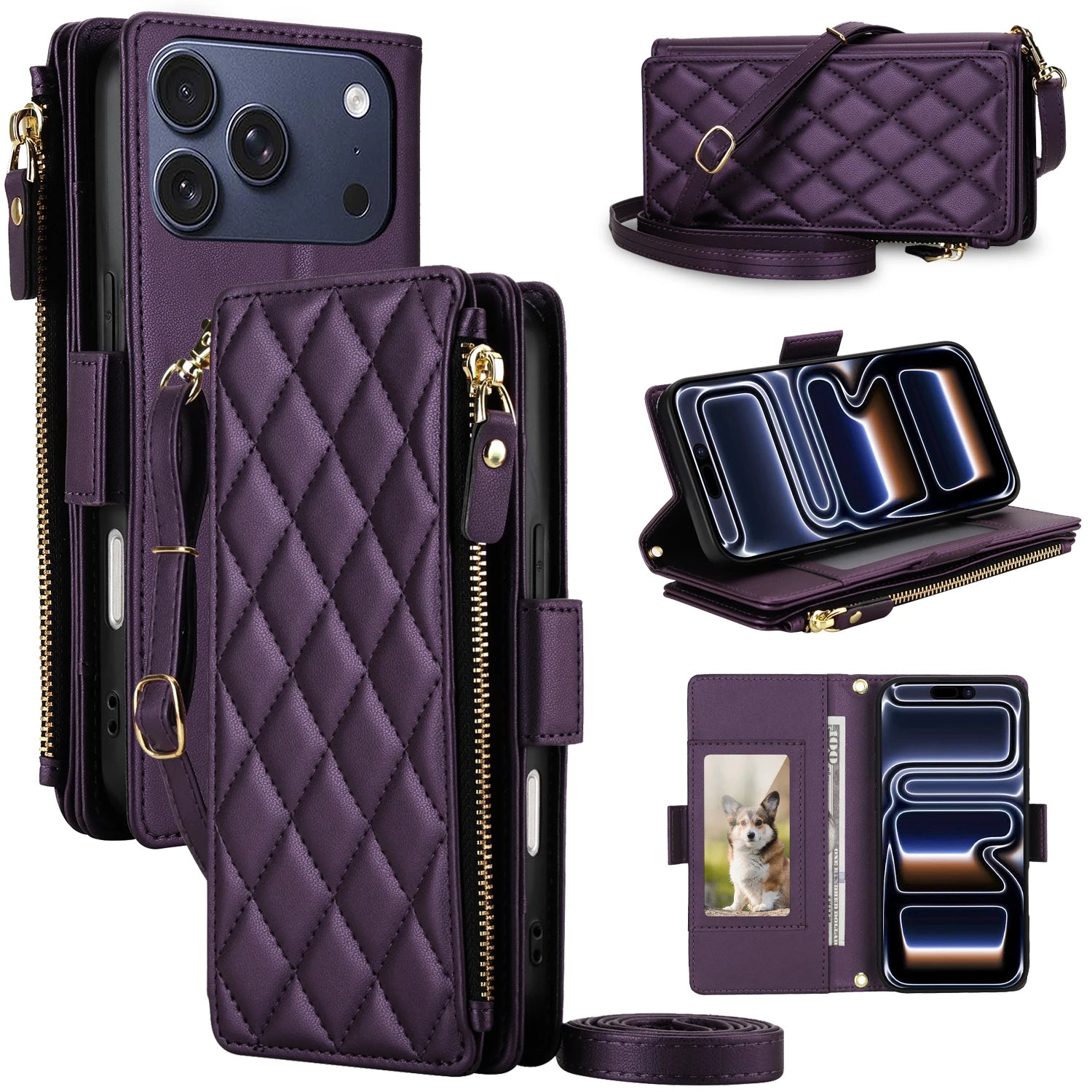 Crossbody Leather Wallet Case with Zipper and Card Slots for iPhone 17 Series