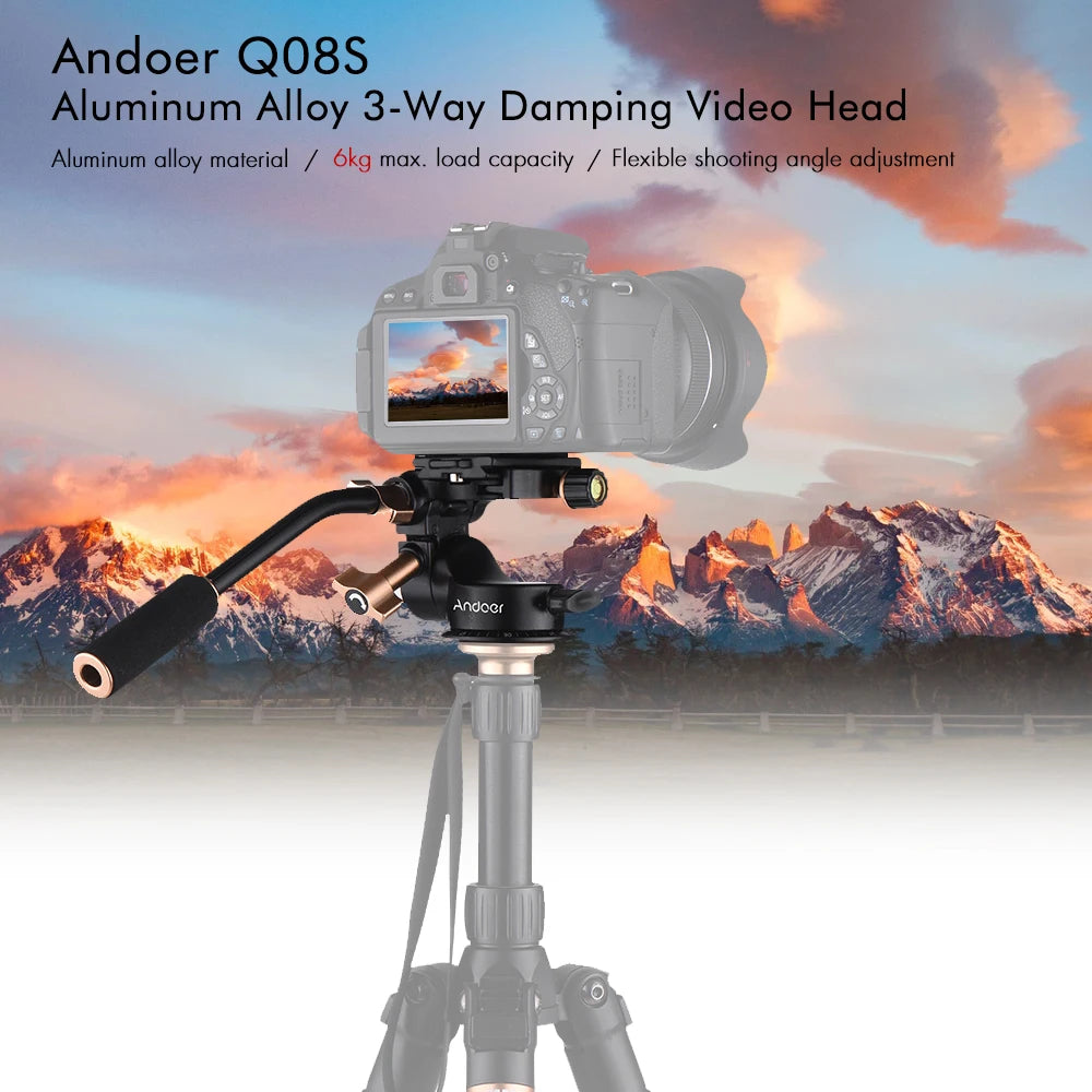 Andoer Q08S Aluminum Alloy 3-Way Damping Tripod Video Head with Pan Bar Handle