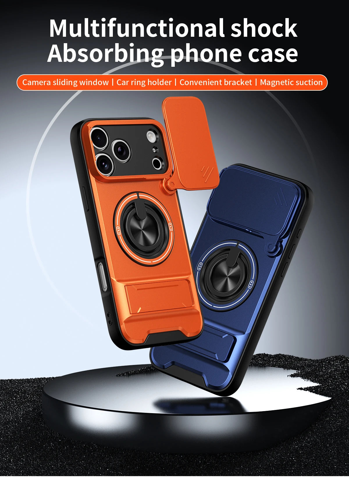 iPhone 17 Series MagSafe Case with Lens Slide Cover and 360° Ring Stand