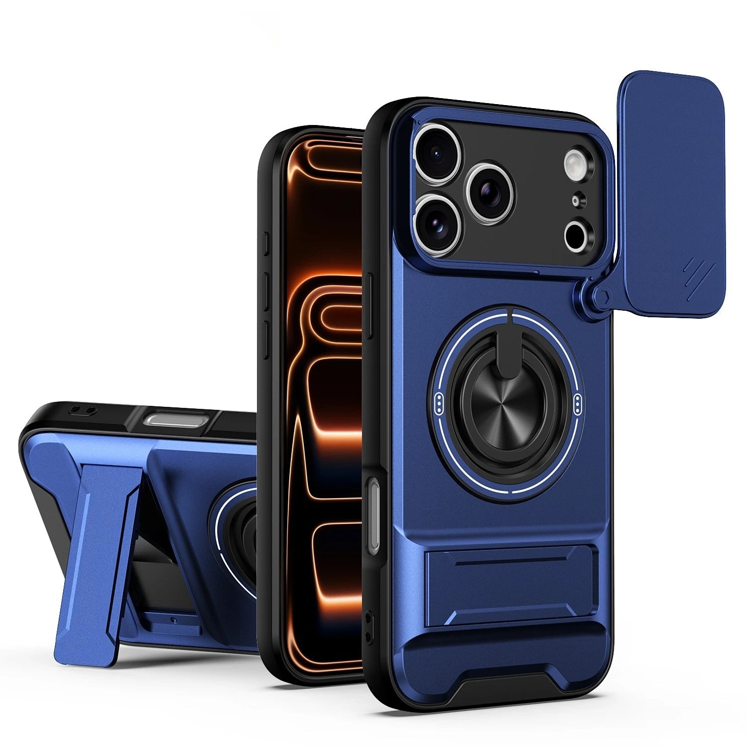 iPhone 17 Series MagSafe Case with Lens Slide Cover and 360° Ring Stand