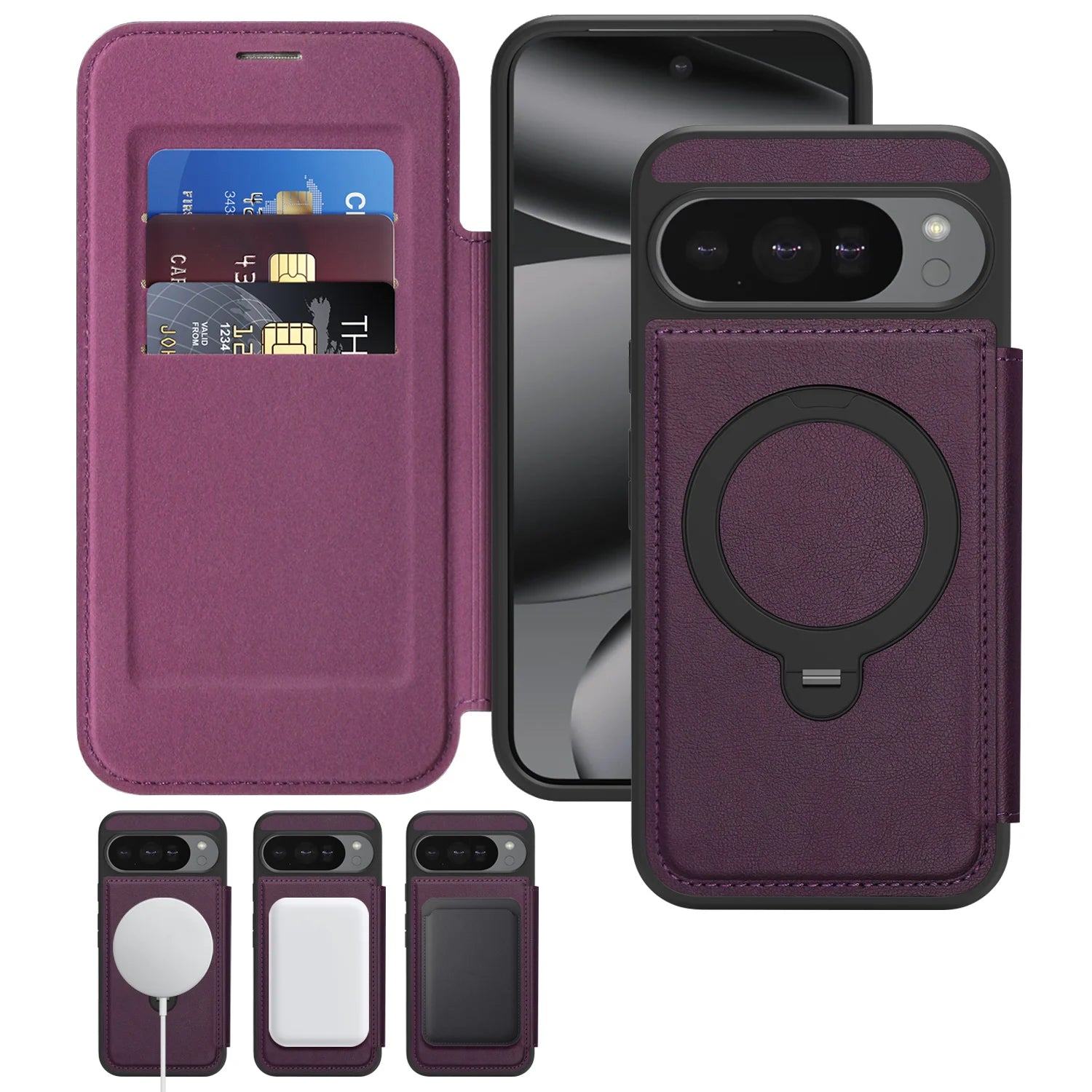 Google Pixel 10 Series Magnetic Leather Flip Case With Card Slot and Ring Holder