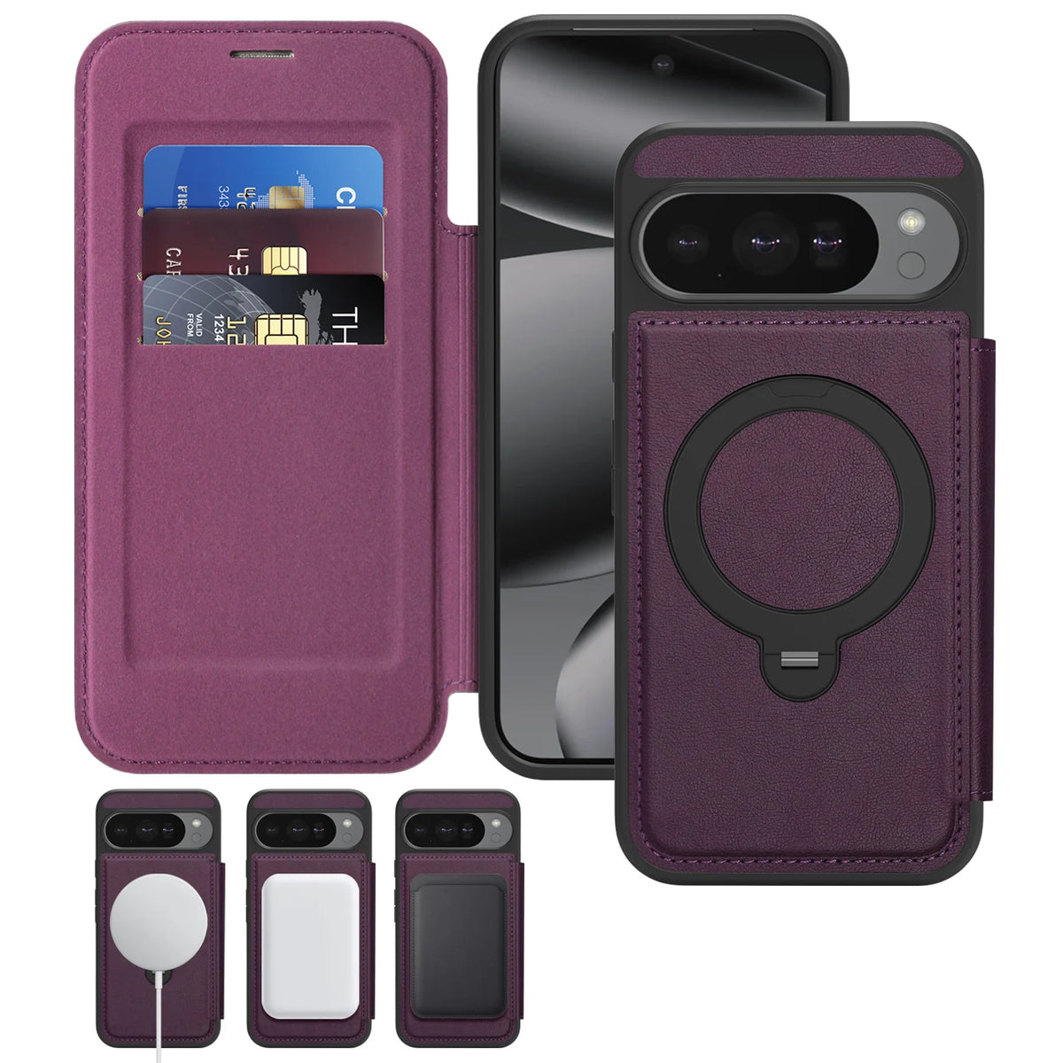 Google Pixel 10 Series Magnetic Leather Flip Case With Card Slot and Ring Holder