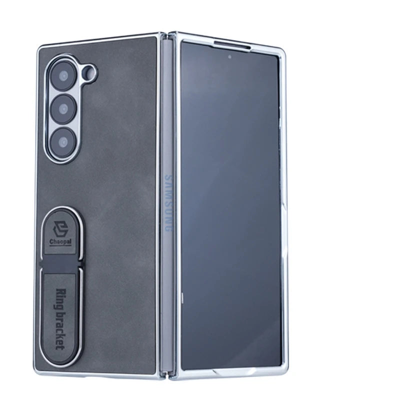 PC Shell Leather Textured Plating Case with Fingertip Holder for Samsung Galaxy Z Fold 6