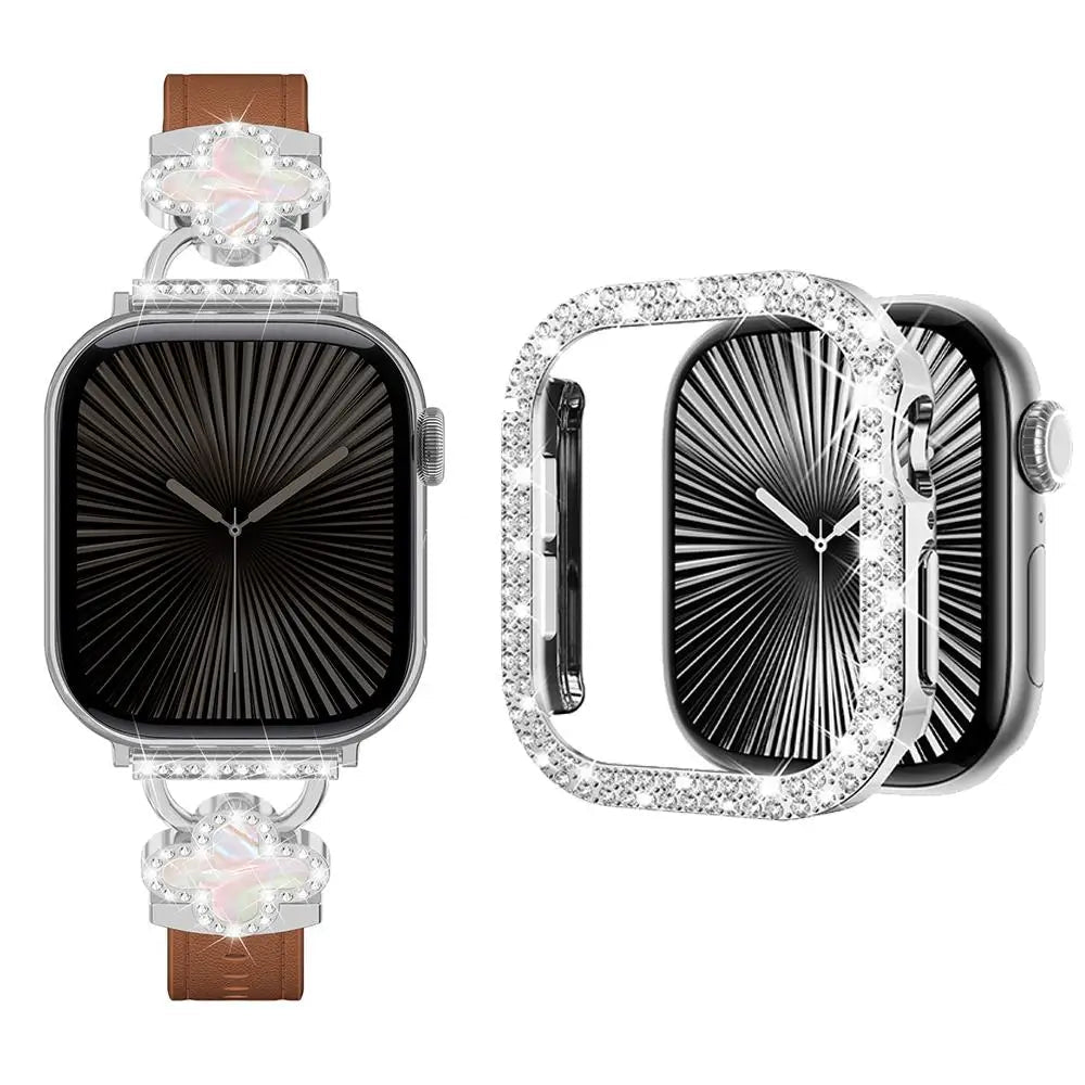 Elegant Leather Bracelet Strap with Dimond Case for Apple Watch Series 10