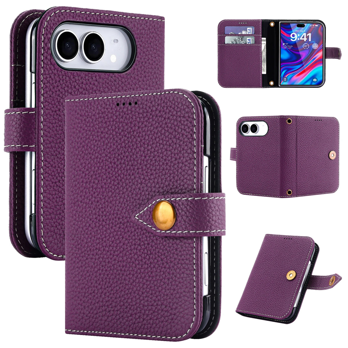 Pebbled Leather Kickstand Flip Wallet Case with MagSafe for iPhone Duo