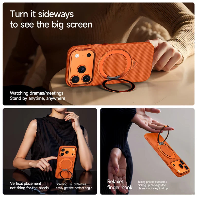 Carbon Fiber Texture MagSafe Case with 360 Rotating Kickstand for iPhone 17 Series