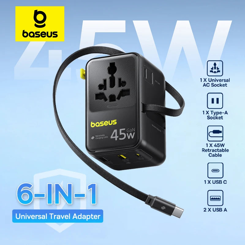 Baseus 45W GaN Travel Charger with Retractable USB Cable