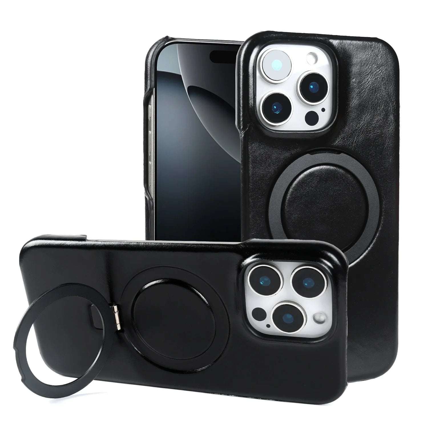 Premium Genuine Leather Case with Foldable Stand for iPhone 16 Series