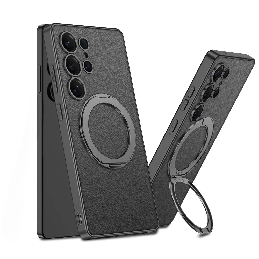 Electroplate Leather Shockproof Magnetic Case with Rotating Ring Bracket for Samsung Galaxy S25 Ultra