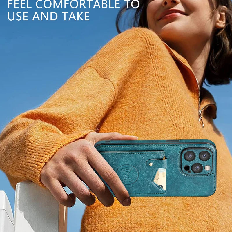 Shockproof Leather Wallet Phone Case with Card Holder and Kickstand for iPhone 15 Series