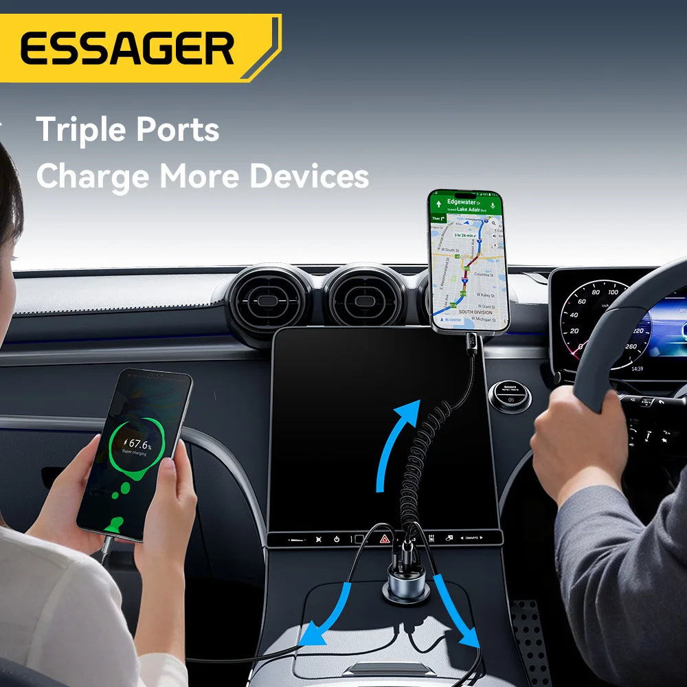 Essager 108W Dual Port Car Charger with Spring Cable