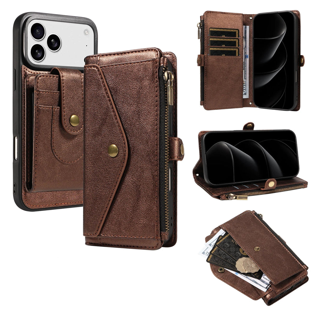 Textured Leather Detachable Wallet Case with Crossbody Strap for iPhone 18 Series