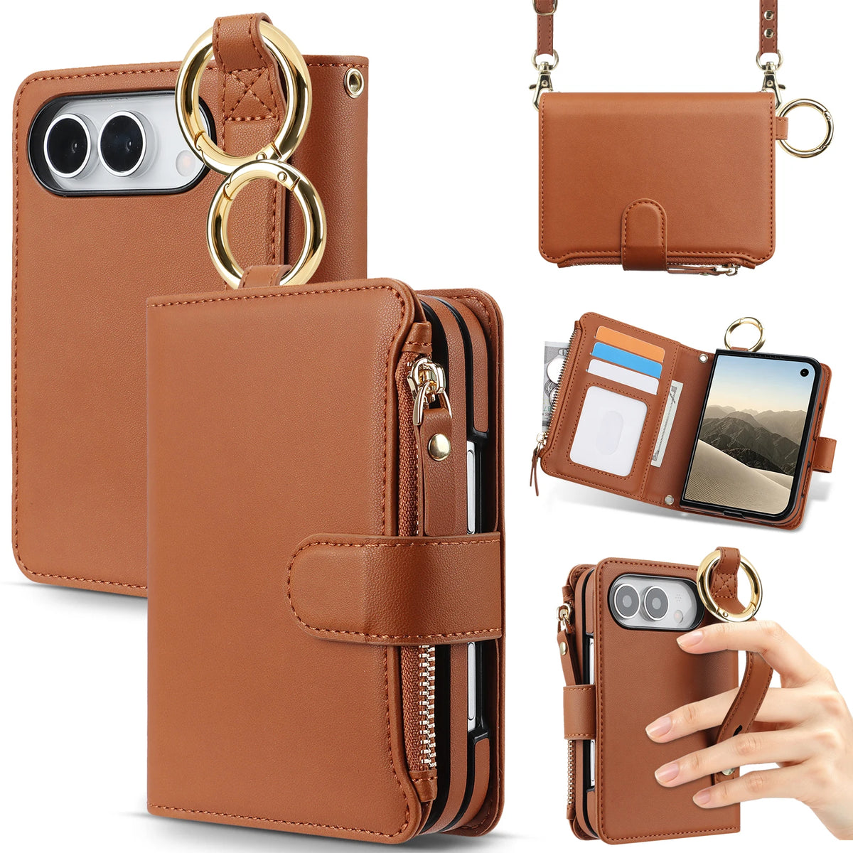 Zipper Wallet Case with Ring Hanger and Card Slots for iPhone Duo